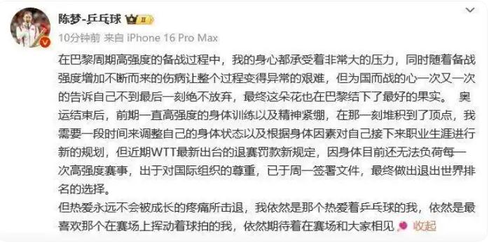 陈梦宣布退出世界排名