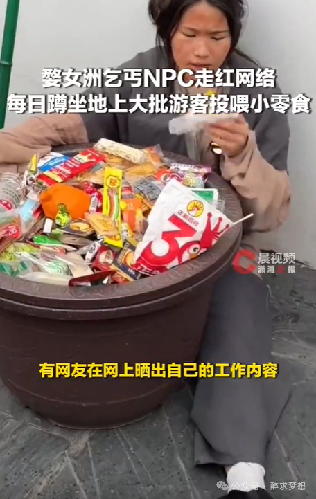 女乞丐NPC被游客们投喂零食走红